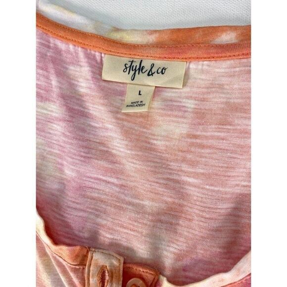 Style & Co Henley Tank Top Large Women's Coral Pink White Tie Dye Sleeveless‎ - Picture 3 of 5